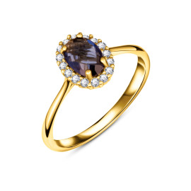Prsteň zo žltého zlata s modrým kameňom a zirkónmi - Isolde