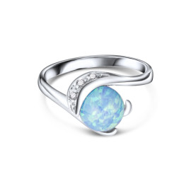 Prsteň z bieleho zlata so zirkónmi a modrým opálom v tvare guličky - Zinnia