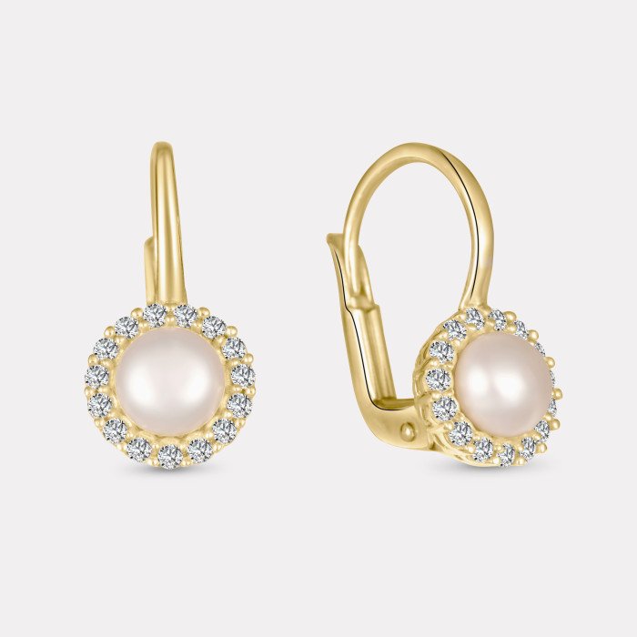 Náušnice s perlou a zirkónmi zo žltého zlata - Mária