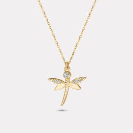 Zlatý náhrdelník s príveskom vážky a čírymi zirkónmi 