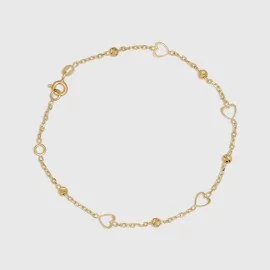 Jemný zlatý náramok so srdiečkami a guľôčkami 