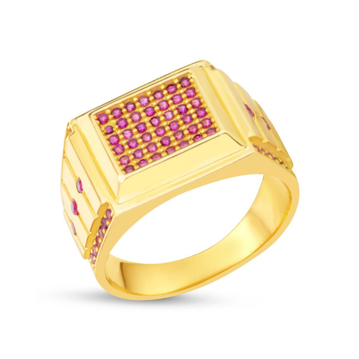 Pánsky prsteň zo žltého zlata s červenými kameňmi v tvare obdĺžnika