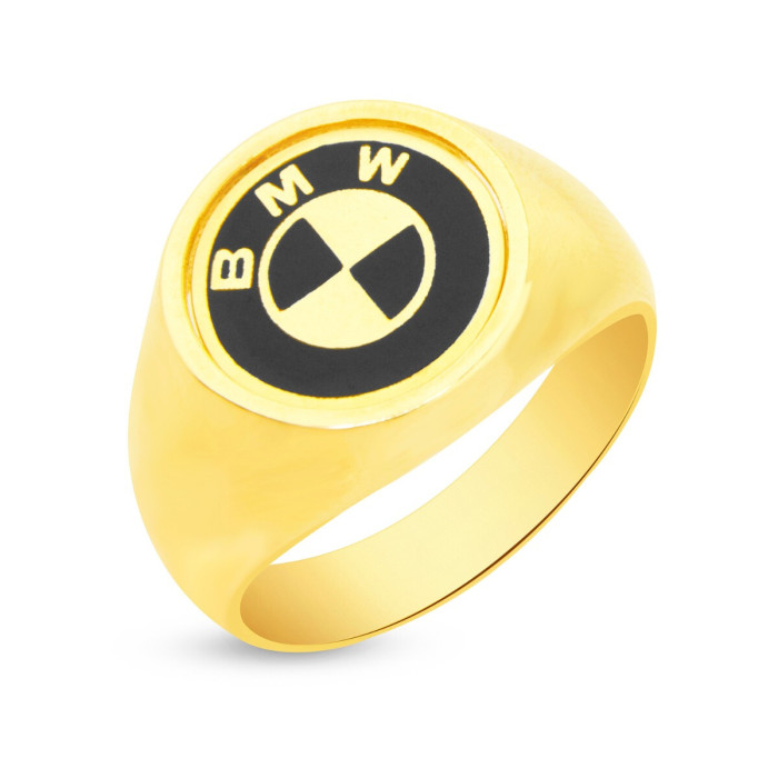 Pánsky prsteň zo žltého zlata s čiernym emajlom a motívom značky BMW