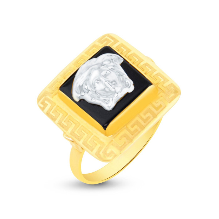 Pánsky prsteň z kombinovaného zlata s ónyxom v tvare štvorca s meandrovým vzorom