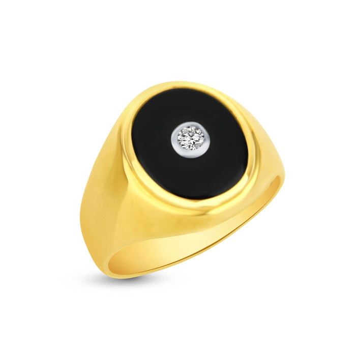 Pánsky prsteň zo žltého zlata so zirkónom a ónyxom v tvare oválu